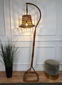 New Pamono Bohemian Modernist Italian Bamboo Rattan Tall Floor Lamp