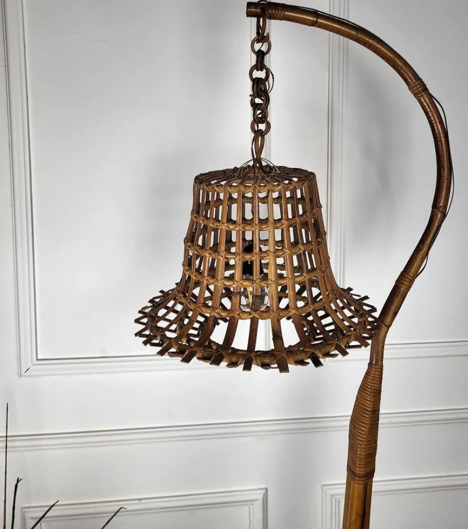 New Pamono Bohemian Modernist Italian Bamboo Rattan Tall Floor Lamp