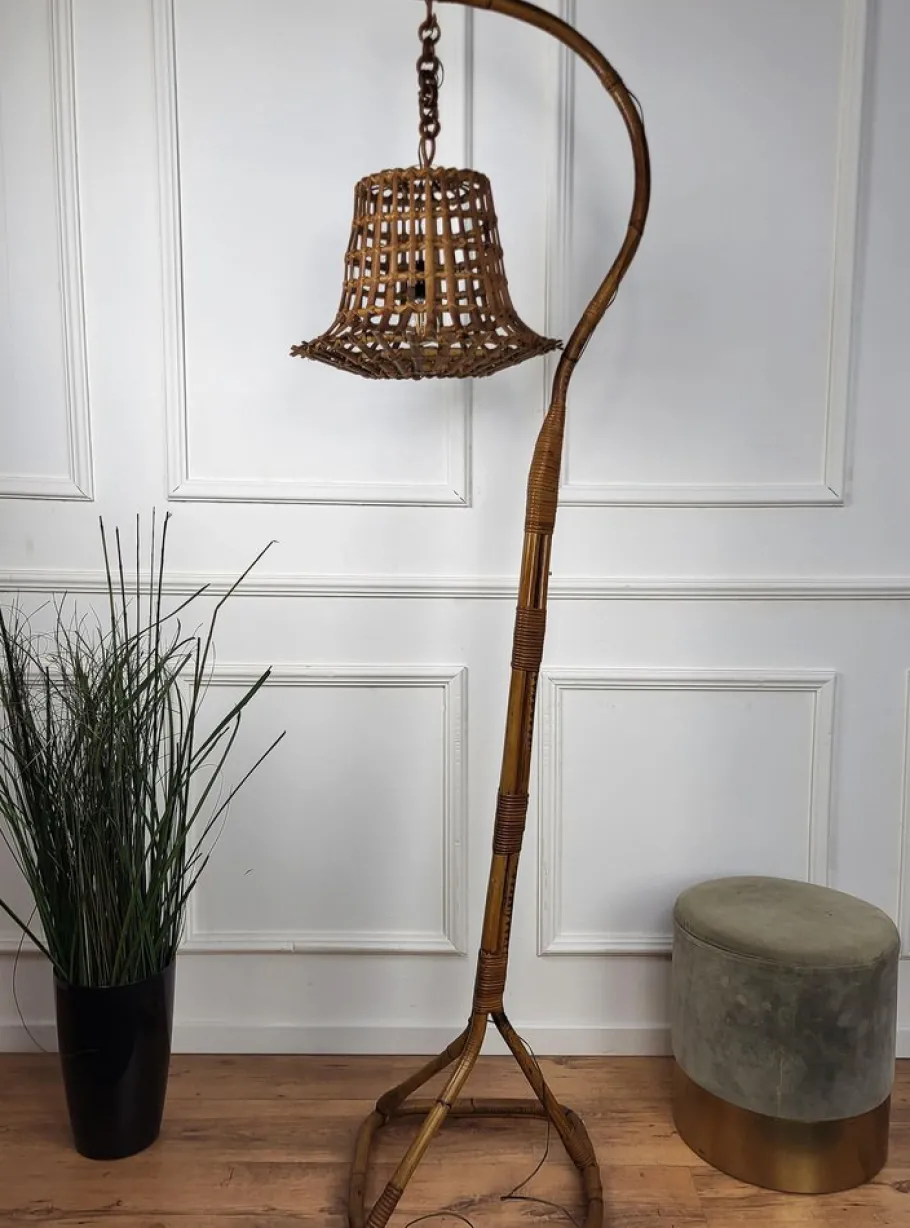 New Pamono Bohemian Modernist Italian Bamboo Rattan Tall Floor Lamp