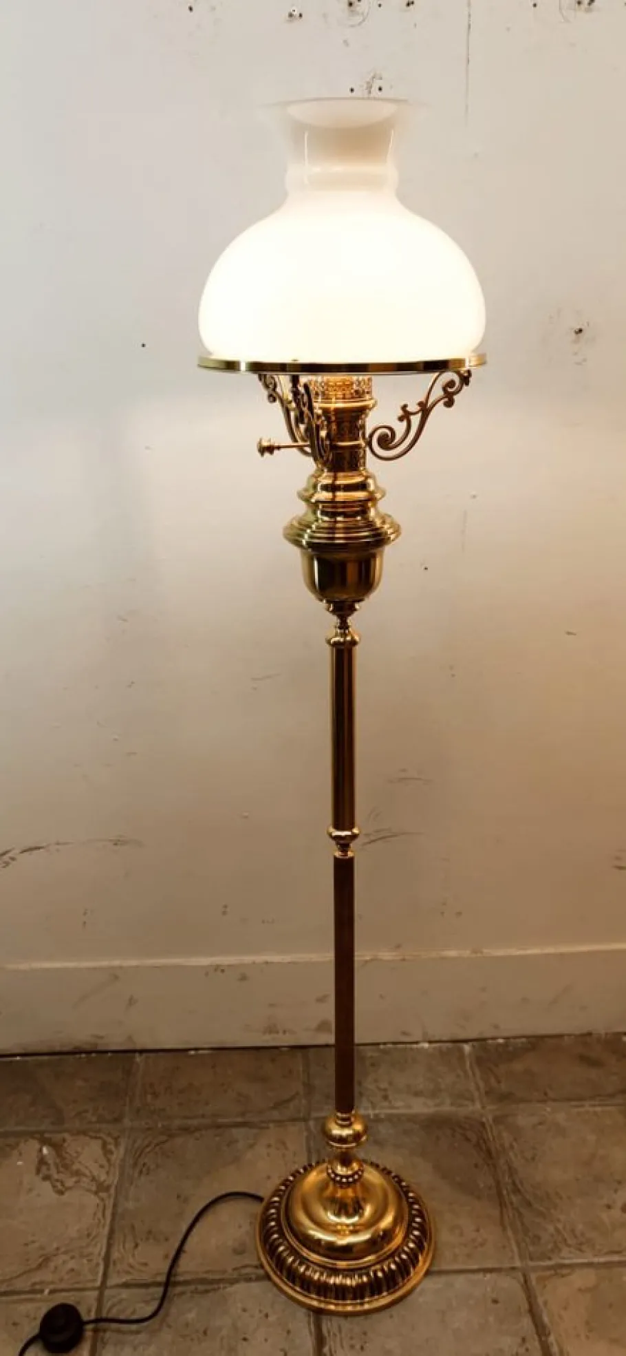 New Pamono Brass and Opal Glass Floor Lamp