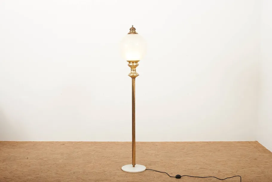 Hot Pamono Brass Floor Lamp with Marble Base and Glass Globe, Italy, 1950s-1960s