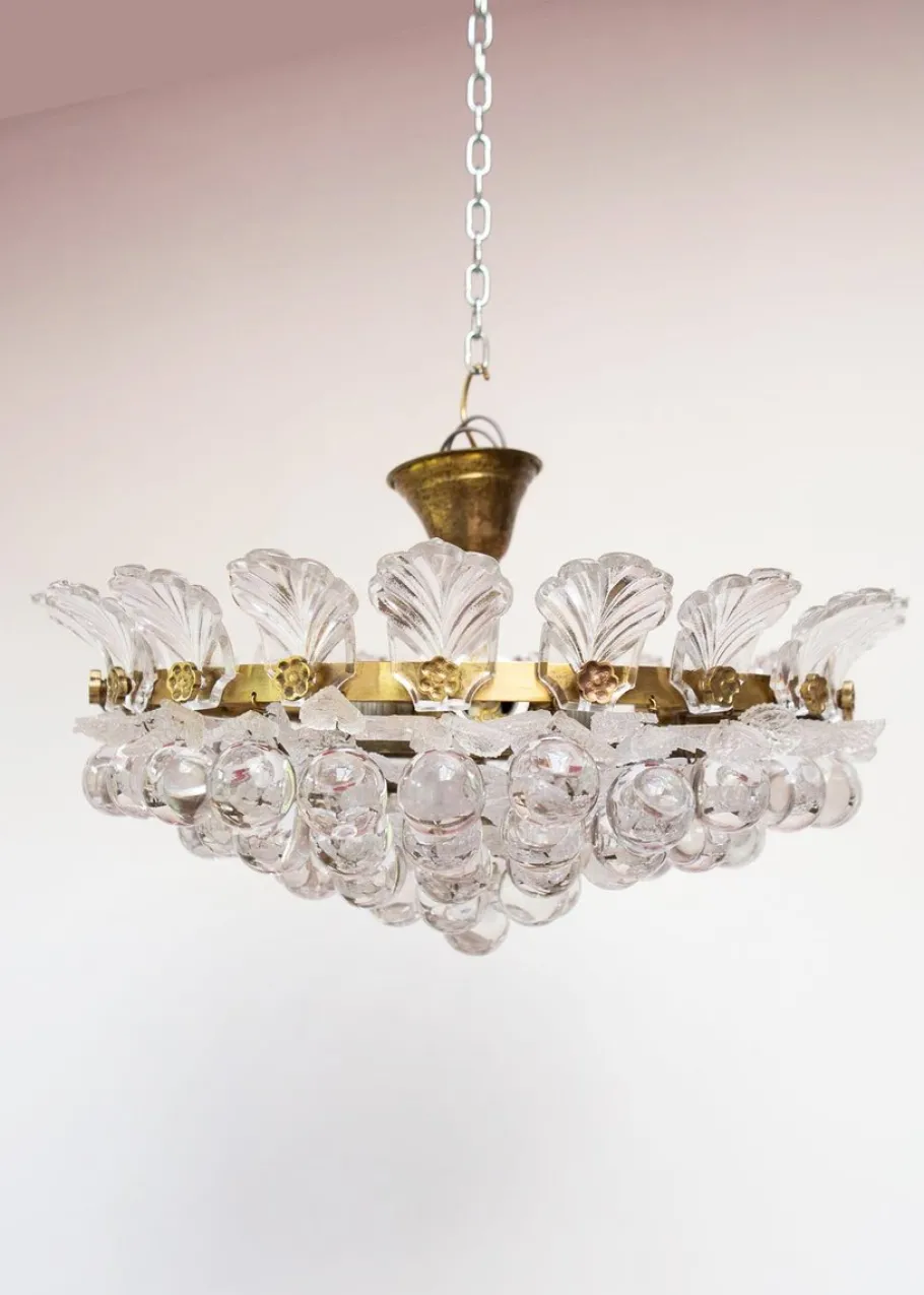 Outlet Pamono Brass Pendant Light with Crystal Balls and Leaves, 1960