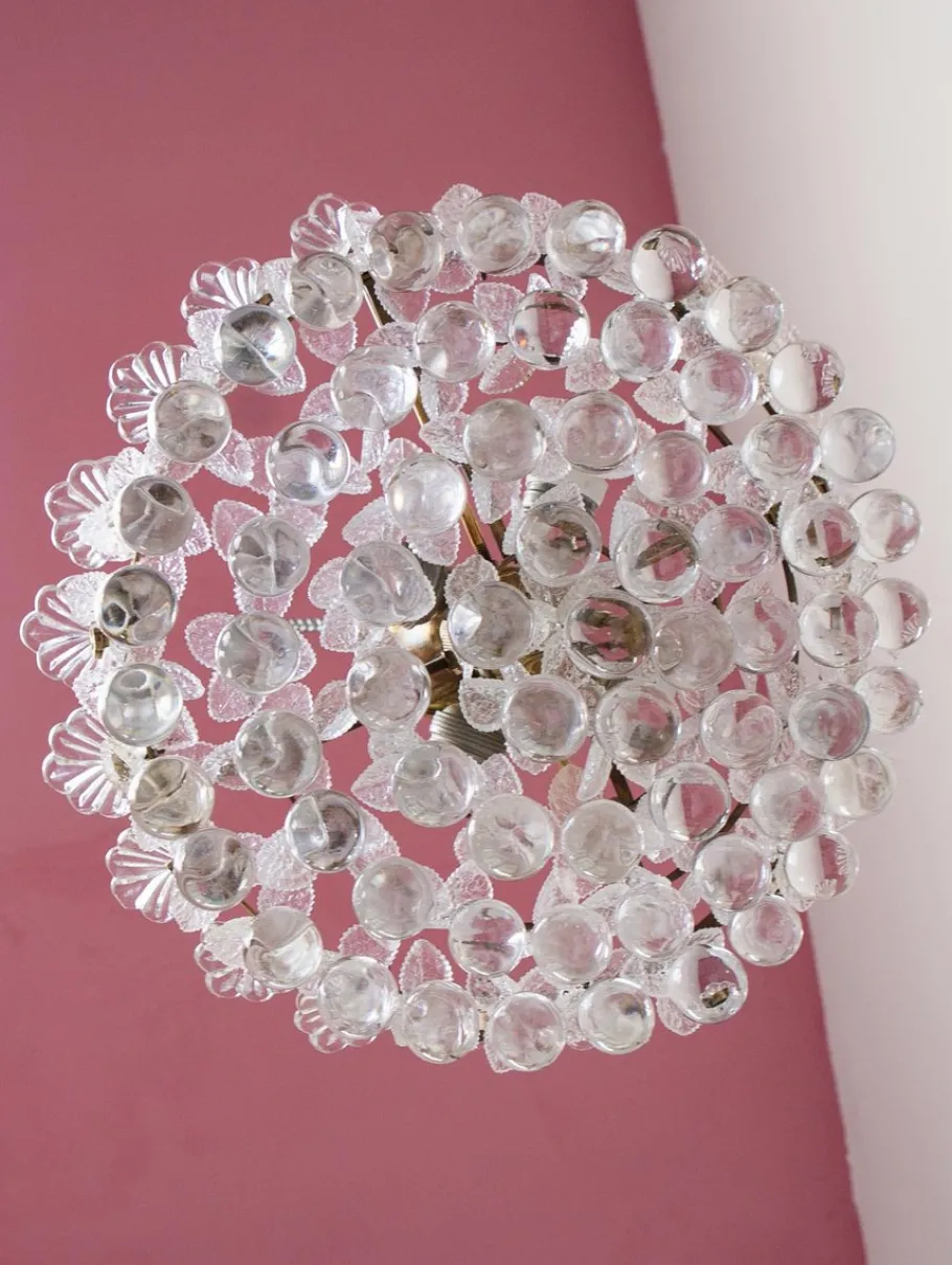 Outlet Pamono Brass Pendant Light with Crystal Balls and Leaves, 1960