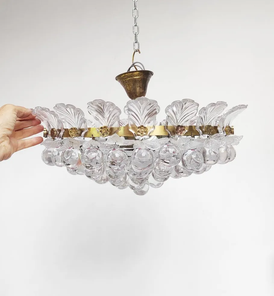 Outlet Pamono Brass Pendant Light with Crystal Balls and Leaves, 1960