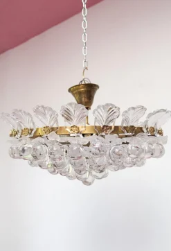 Outlet Pamono Brass Pendant Light with Crystal Balls and Leaves, 1960