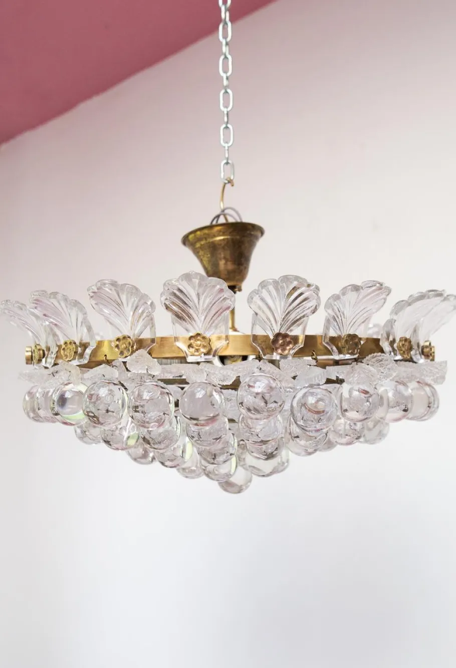 Outlet Pamono Brass Pendant Light with Crystal Balls and Leaves, 1960