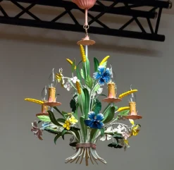 Clearance Pamono Bright Boho Chic Italian Tole Painted Metal Chandelier with Floral Decor, 1960s