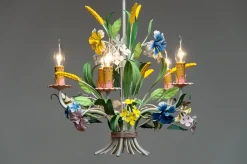 Clearance Pamono Bright Boho Chic Italian Tole Painted Metal Chandelier with Floral Decor, 1960s
