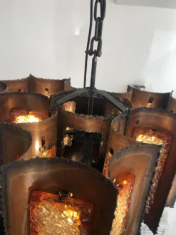 Clearance Pamono Brutalist Hanging Lantern in Copper and Cackle Glass by Accolay of France, 1969