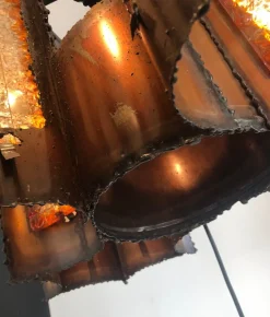 Clearance Pamono Brutalist Hanging Lantern in Copper and Cackle Glass by Accolay of France, 1969