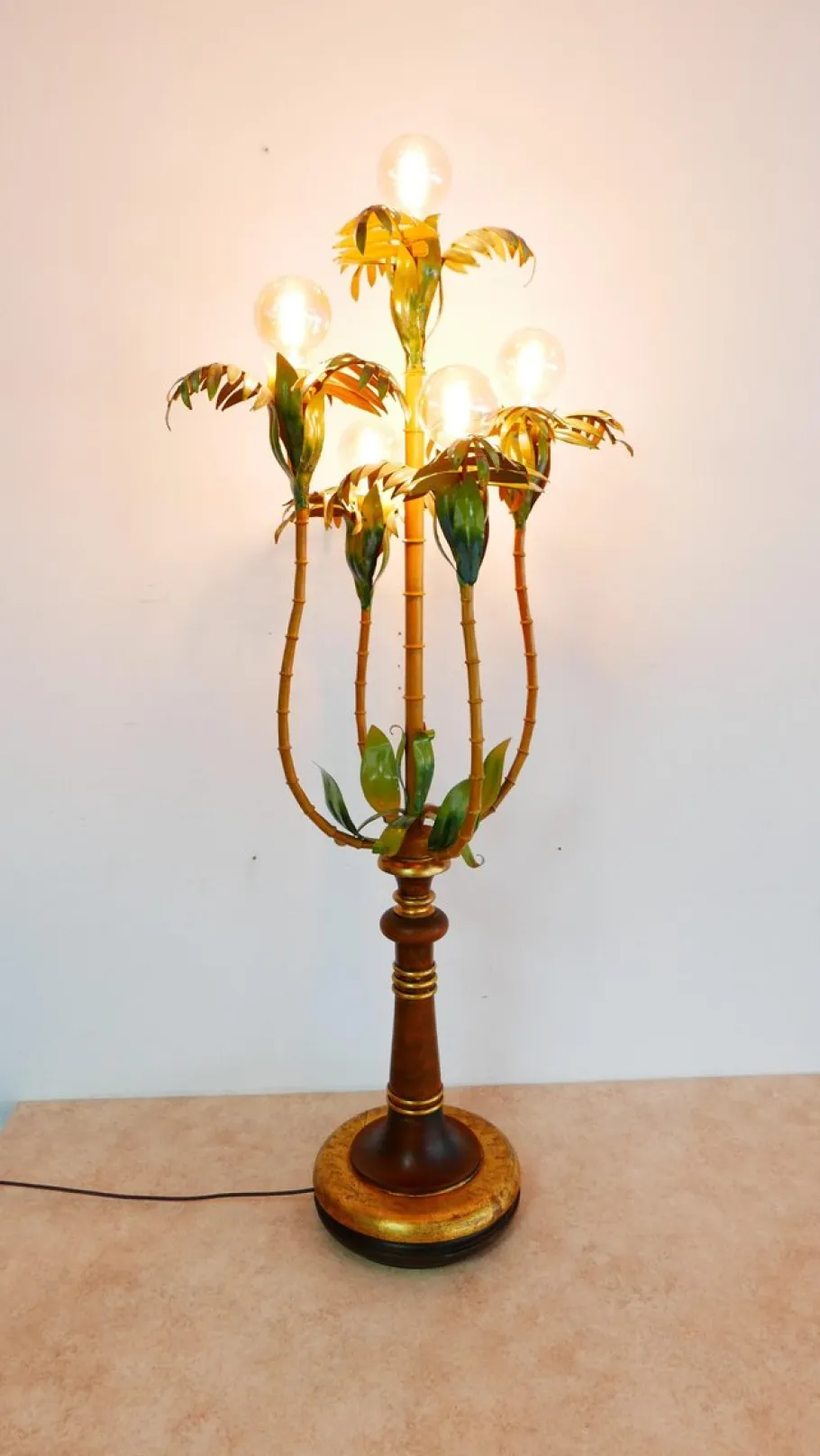 Clearance Pamono Colored Metal Palm Tree Floor Lamp with Wooden Stand, Italy, 1970s