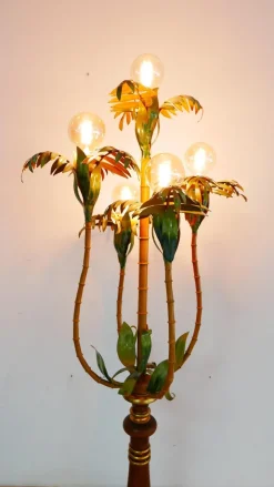 Clearance Pamono Colored Metal Palm Tree Floor Lamp with Wooden Stand, Italy, 1970s