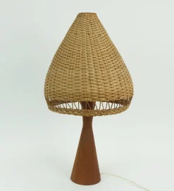 Clearance Pamono Danish Modern Table Lamp in Teak and Rattan, 1960s