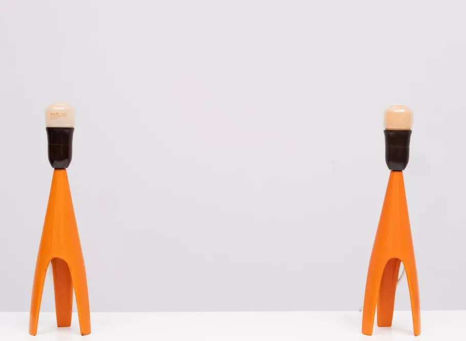 Clearance Pamono Danish Orange Enamel Table Lamps by Voss Belysning, 1950s, Set of 2