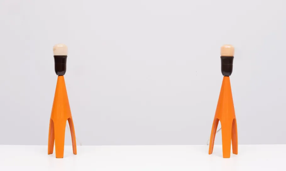 Clearance Pamono Danish Orange Enamel Table Lamps by Voss Belysning, 1950s, Set of 2