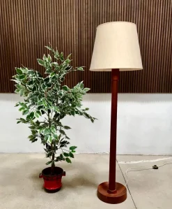 Pamono Danish Solid Teak Wood Floor Lamp with Wild Silk Lampshade, 1960s