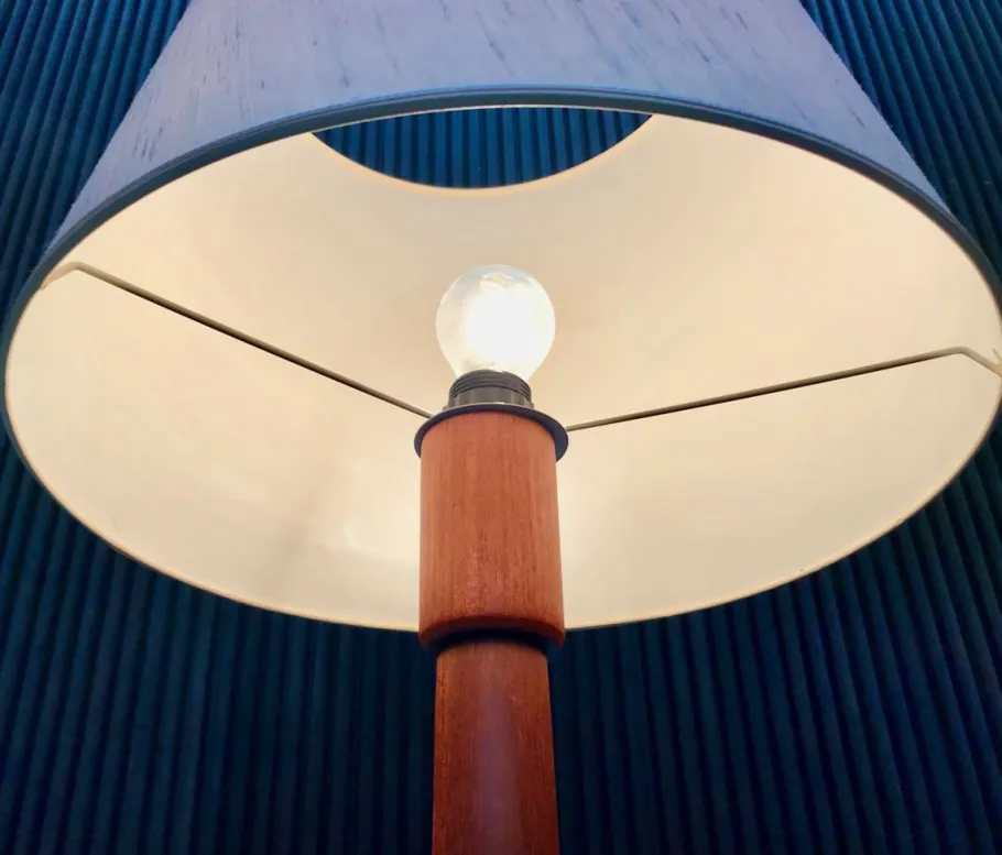 Pamono Danish Solid Teak Wood Floor Lamp with Wild Silk Lampshade, 1960s