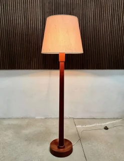Pamono Danish Solid Teak Wood Floor Lamp with Wild Silk Lampshade, 1960s