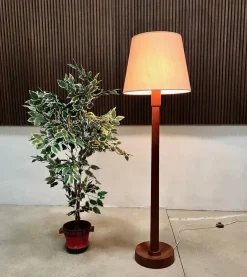 Pamono Danish Solid Teak Wood Floor Lamp with Wild Silk Lampshade, 1960s