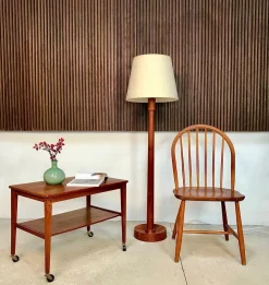 Pamono Danish Solid Teak Wood Floor Lamp with Wild Silk Lampshade, 1960s