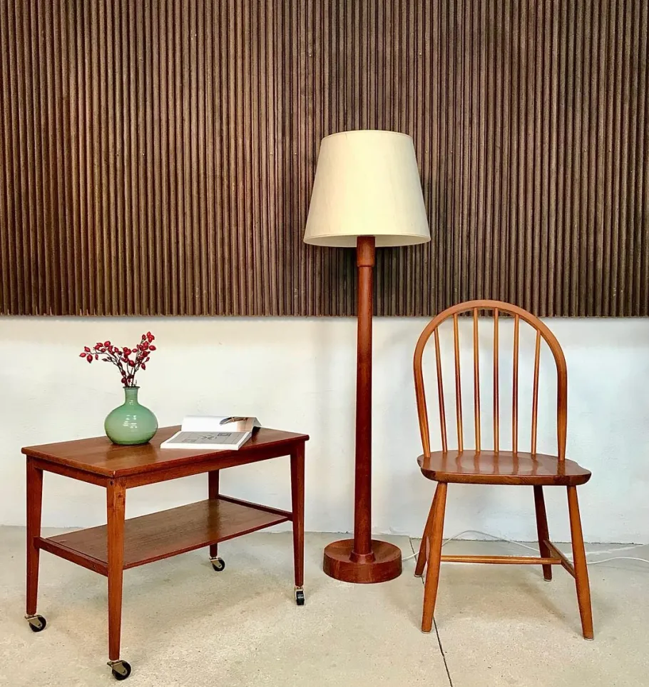 Pamono Danish Solid Teak Wood Floor Lamp with Wild Silk Lampshade, 1960s