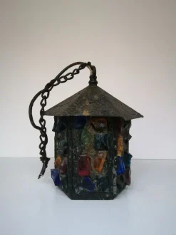 Best Pamono English Arts & Crafts Glass, Lead & Hammered Sheet Metal Porch Lantern by Peter Marsh, 1950s