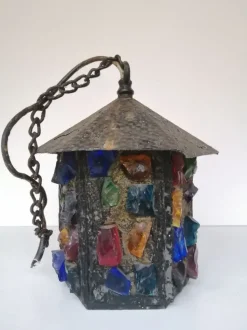 Best Pamono English Arts & Crafts Glass, Lead & Hammered Sheet Metal Porch Lantern by Peter Marsh, 1950s