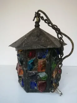 Best Pamono English Arts & Crafts Glass, Lead & Hammered Sheet Metal Porch Lantern by Peter Marsh, 1950s