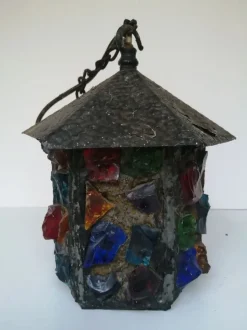 Best Pamono English Arts & Crafts Glass, Lead & Hammered Sheet Metal Porch Lantern by Peter Marsh, 1950s