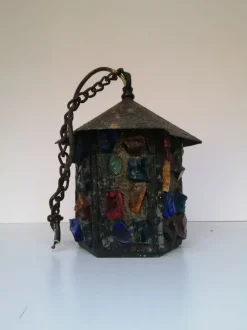 Best Pamono English Arts & Crafts Glass, Lead & Hammered Sheet Metal Porch Lantern by Peter Marsh, 1950s