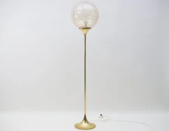 Discount Pamono Floor Lamp in Gold with Large Glass Shade & Gold Details on Trumpet Base, 1970s