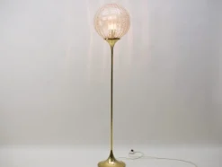 Discount Pamono Floor Lamp in Gold with Large Glass Shade & Gold Details on Trumpet Base, 1970s