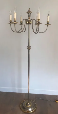 Sale Pamono Floor Lamp in Silver Metal and Brass with 6 Arms, 1920s