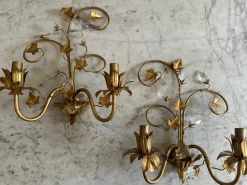 Best Pamono Florentine Gilt Wall Sconces with Glass Ivy Leaves, 1970s, Set of 2