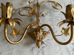 Best Pamono Florentine Gilt Wall Sconces with Glass Ivy Leaves, 1970s, Set of 2