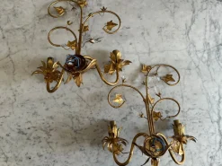 Best Pamono Florentine Gilt Wall Sconces with Glass Ivy Leaves, 1970s, Set of 2