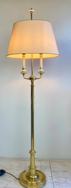 Best Pamono French Brass and Porcelain Bouillotte Floor Lamp