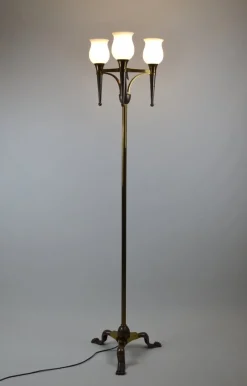 Online Pamono French Floor Lamp with Three Lights in Bronze and Brass, 1950s