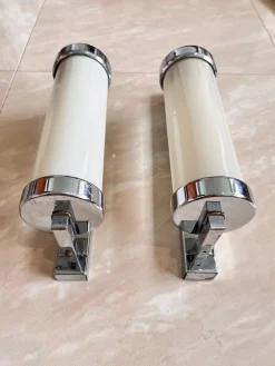 Best Pamono Functionalist Chrome Milk Glass Wall Lamps, 1930s