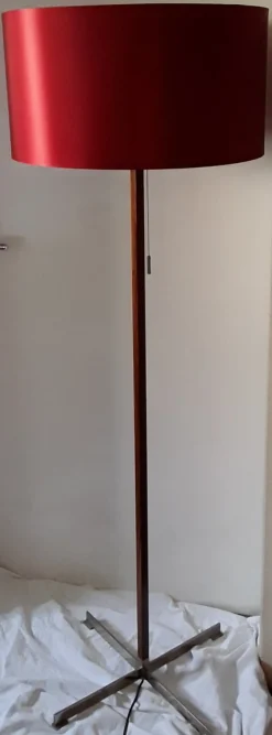 Best Pamono German Floor Lamp with Base in Teak & Chromed Steel and Red Silk Shade, 1970s
