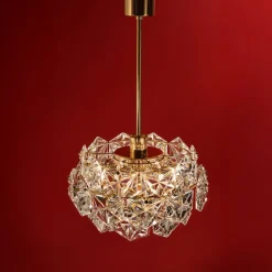 Pamono German Gold-Plated Chandelier with Faceted Hexagonal Crystals from Kinkeldey, 1960s