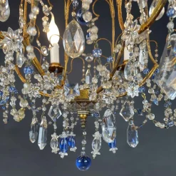 Best Pamono Gilt Iron Chandelier with Light Blue Crystals, 1950s