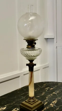 Best Pamono Glass Oil Lamp on Marble Column with a Stepped Brass Base, 1880s