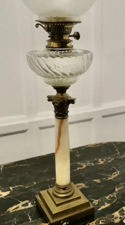 Best Pamono Glass Oil Lamp on Marble Column with a Stepped Brass Base, 1880s