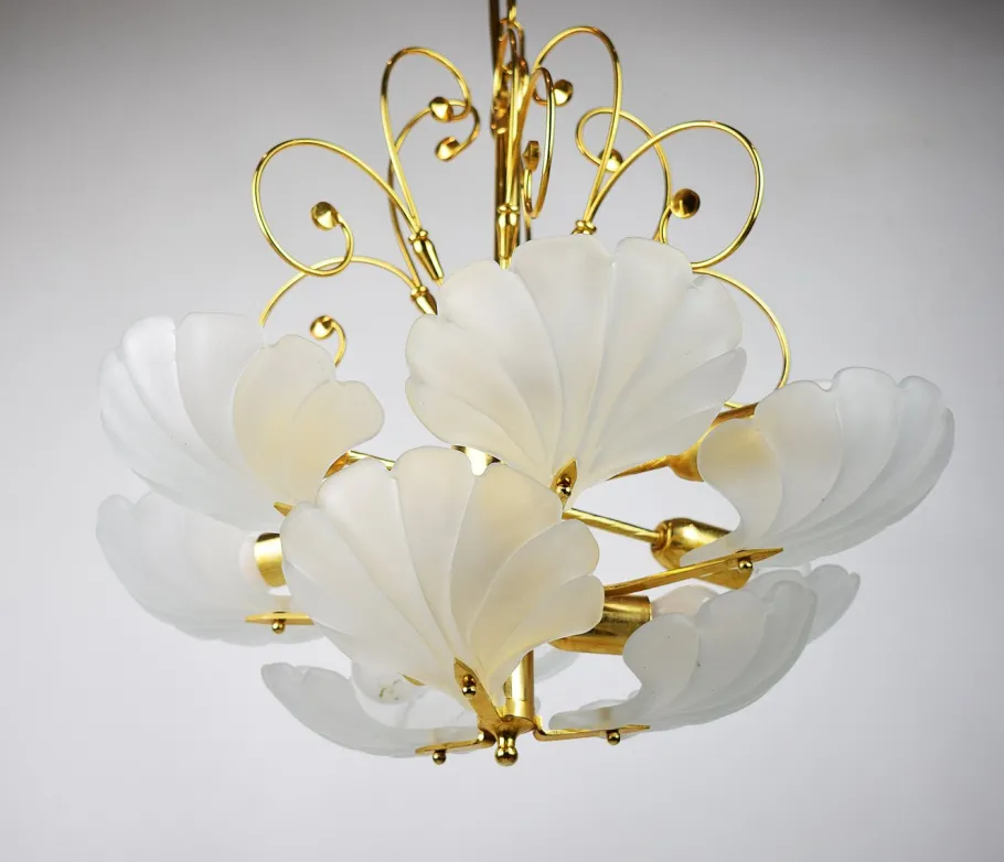 Clearance Pamono Glass Shell and Brass Chandelier attributed to Deknudt, 1970s