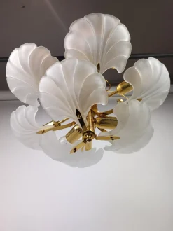 Clearance Pamono Glass Shell and Brass Chandelier attributed to Deknudt, 1970s