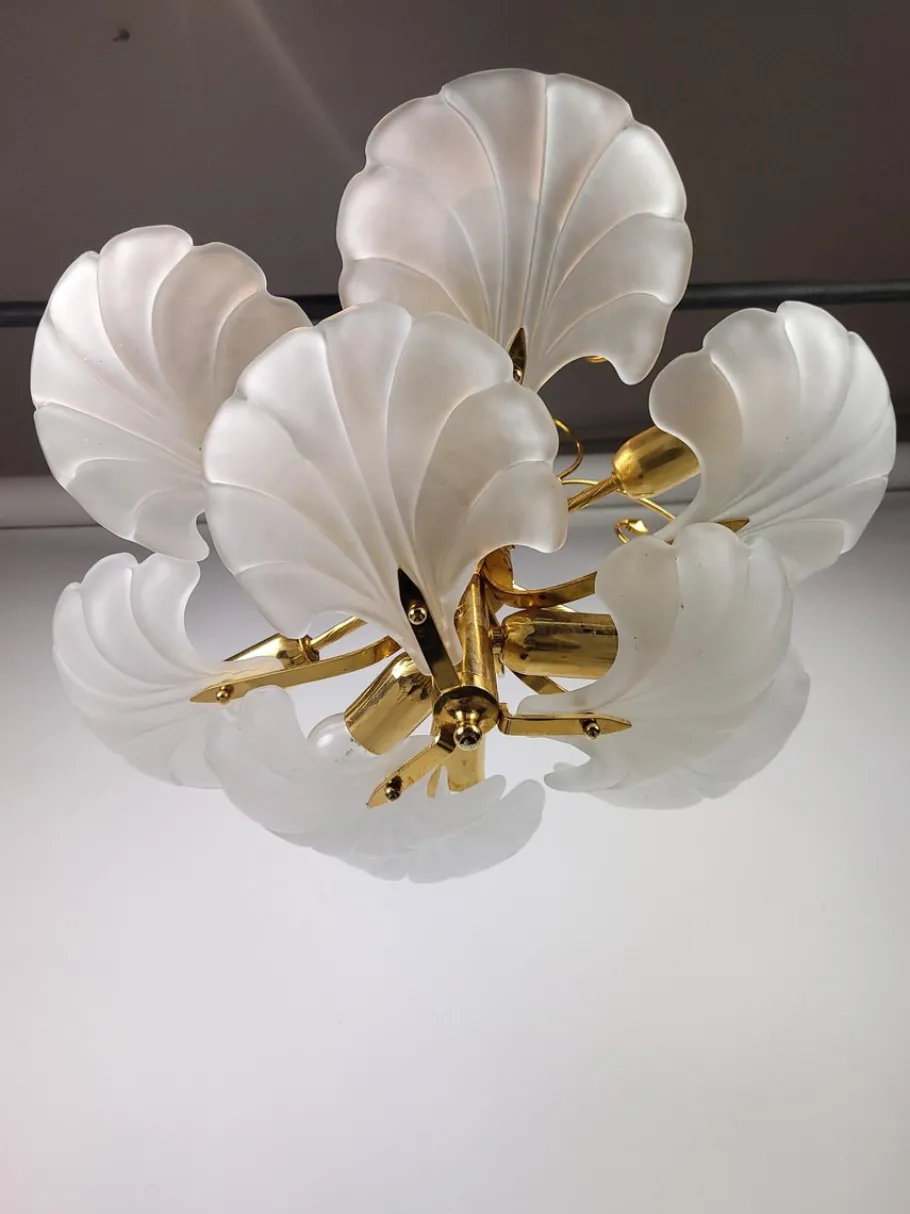 Clearance Pamono Glass Shell and Brass Chandelier attributed to Deknudt, 1970s