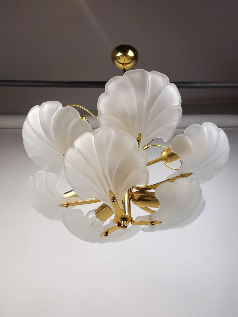Clearance Pamono Glass Shell and Brass Chandelier attributed to Deknudt, 1970s