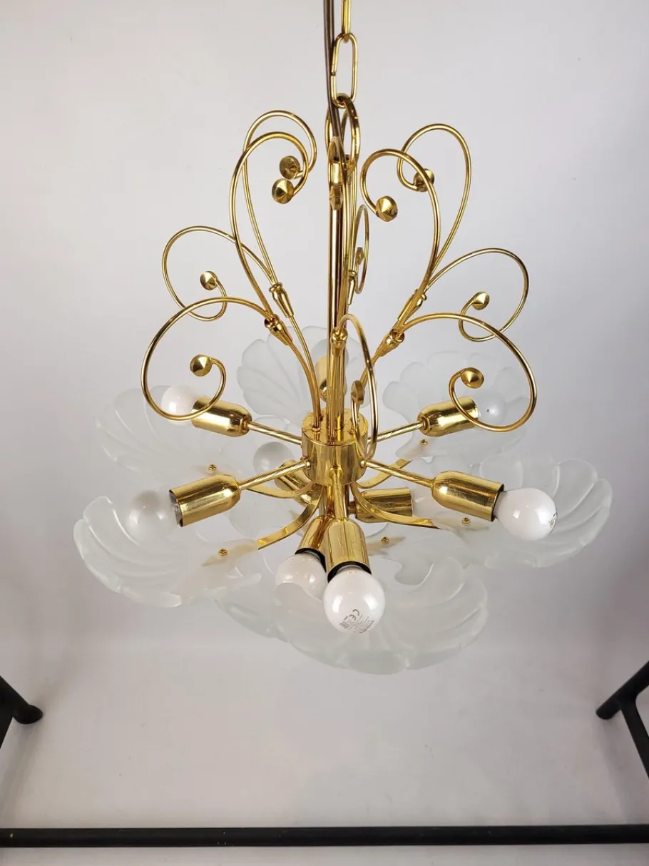Clearance Pamono Glass Shell and Brass Chandelier attributed to Deknudt, 1970s