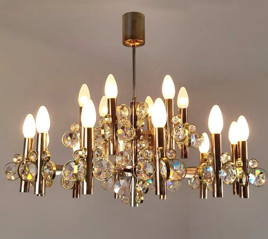 Best Pamono Gold-Plated Brass and Crystal Chandelier by Gaetano Sciolari for Palwa, 1970s